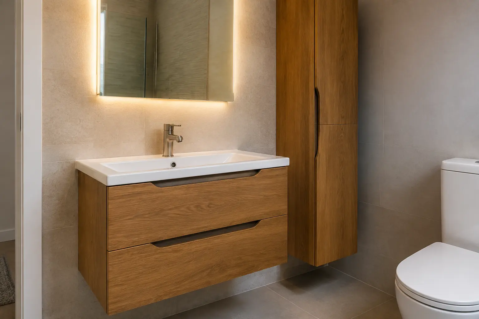 Basin drawers, illuminated mirror and toilet