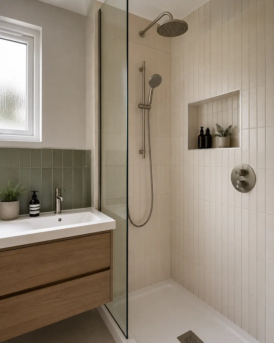 Tiled shower with recessed shelving and glass screen