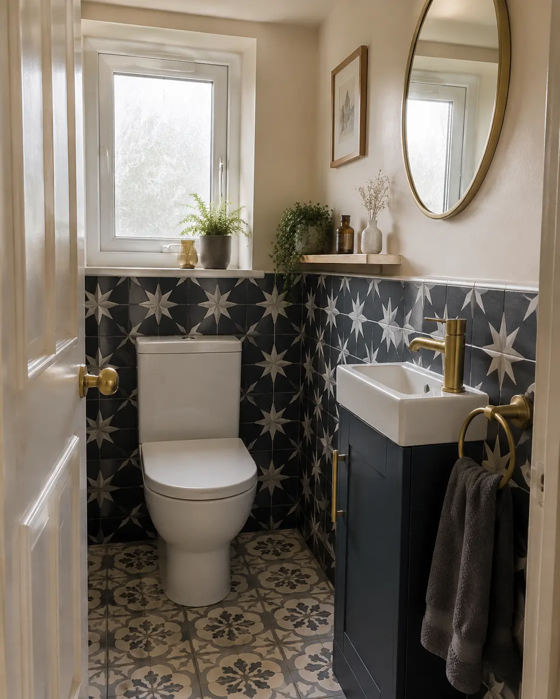 Compact toilet and basin with patterned wall and floor finishes