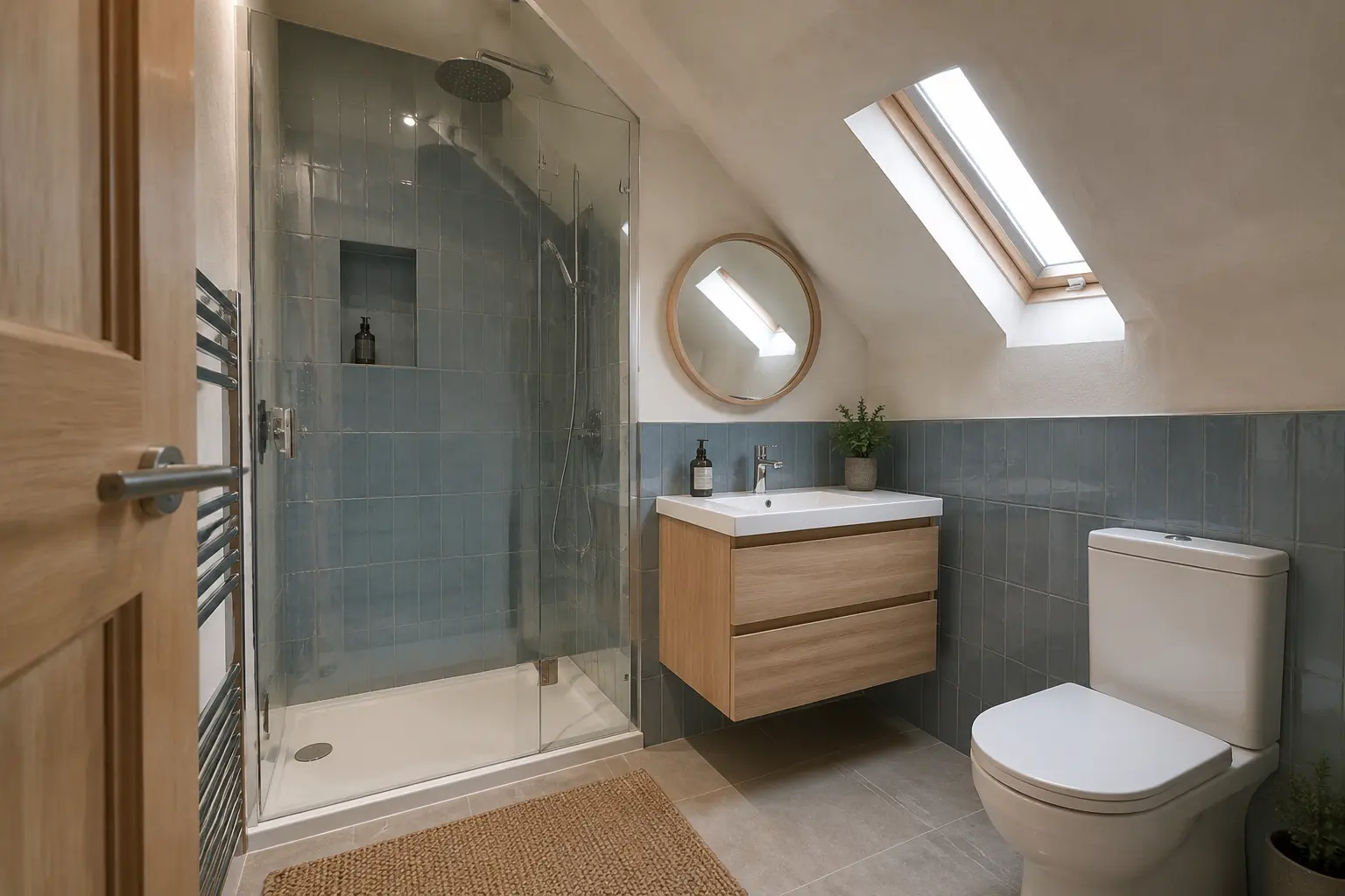 Blue and oak bathroom planned around a Renfrewshire loft roofline