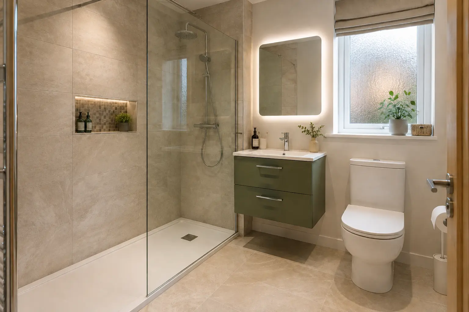 Roomy walk-in shower fitted in a Paisley bathroom